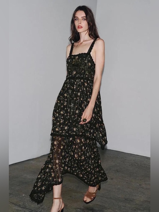 Zara Dresses & Skirts - ZARA Tiered Chiffon Embroidered Floral Lace Metallic Stripe Black Dress Small